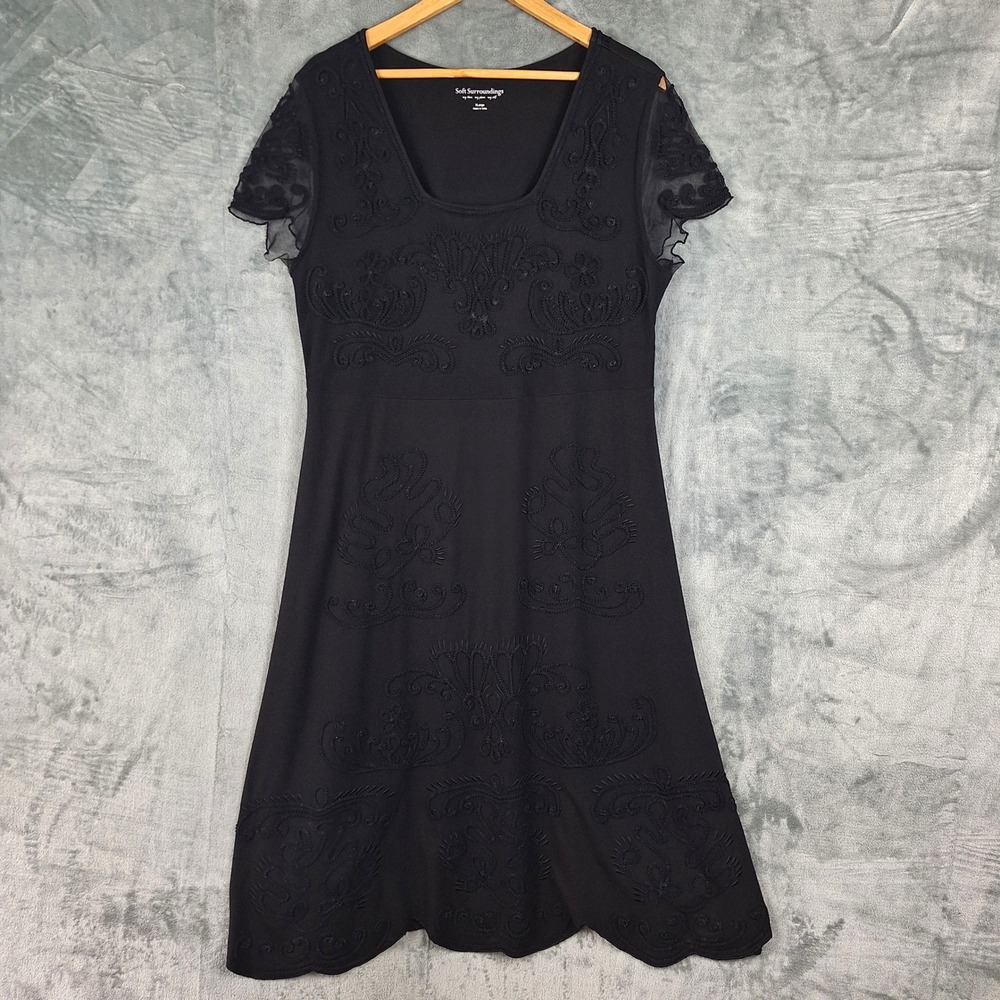 Soft Surroundings Dress Womens XL Black Embroidered Floral Mesh Whimsigoth Midi